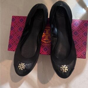 Tory Burch Black Flats with Gold Logo